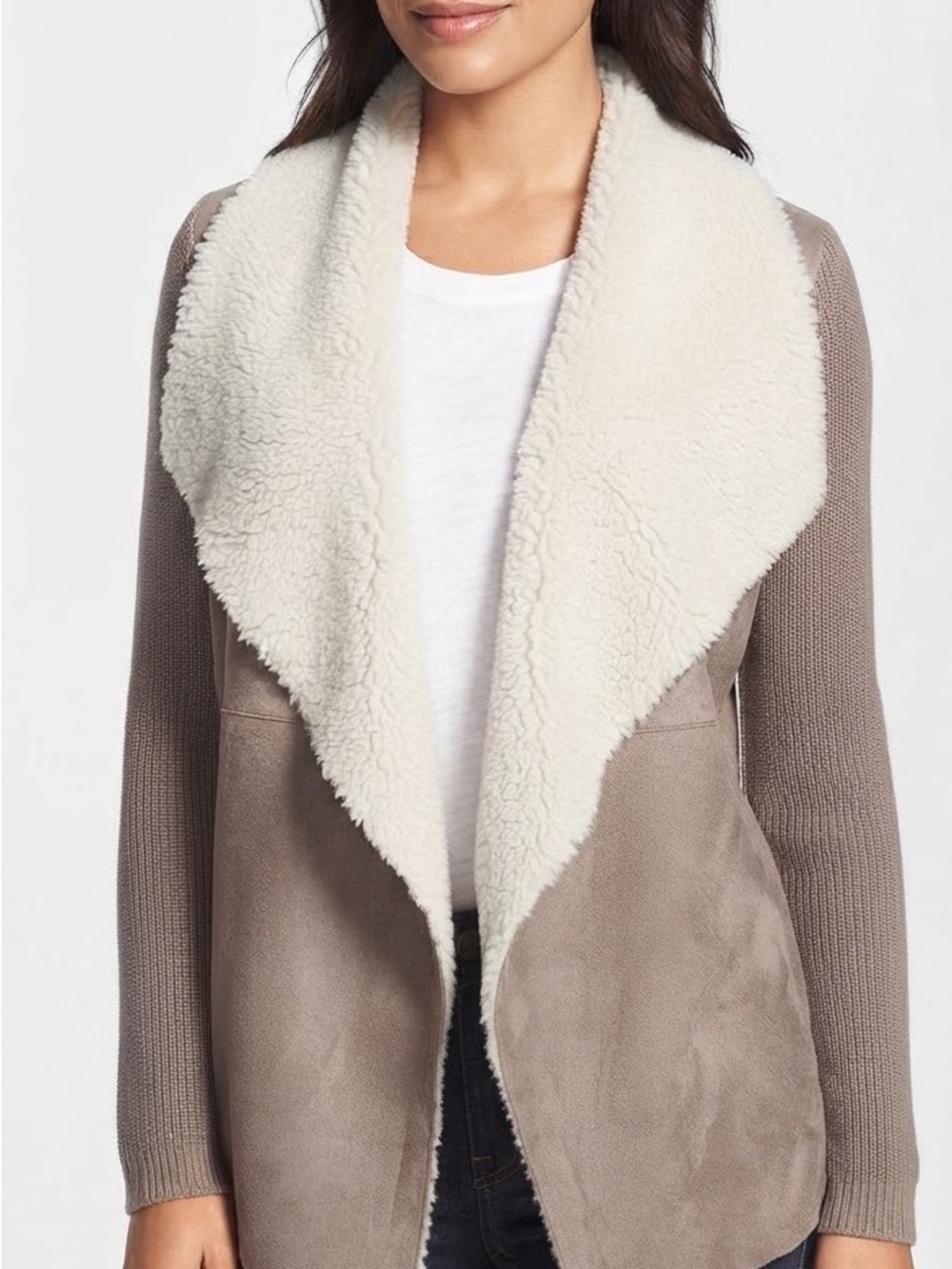 Madison & Lola Taupe Faux Suede & Sherpa Knit Cardigan Jacket - Women's Size S